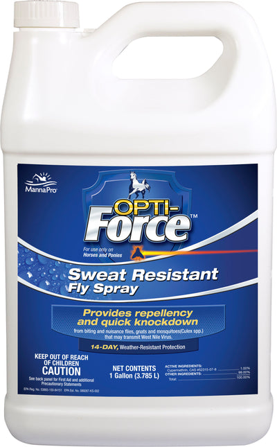 Front view of a white 1-gallon bottle of MannaPro Opti-Force Sweat Resistant Fly Spray.