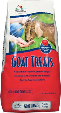 Front view of a red and blue MannaPro Goat Treats package with Apple Flavor.