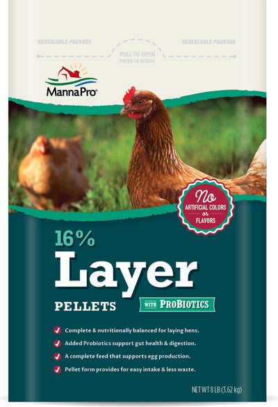 Front view of a MannaPro 16% Layer Pellets with Probiotics package, 8 LB size.