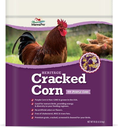 Front view of a MannaPro packaged product showing Heritage Cracked Corn with Purple Corn, 10 LB size.