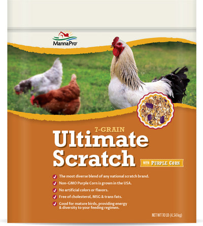 Front view of Manna Pro 7-Grain Ultimate Scratch with Purple Corn packaged product, 10 LB size.