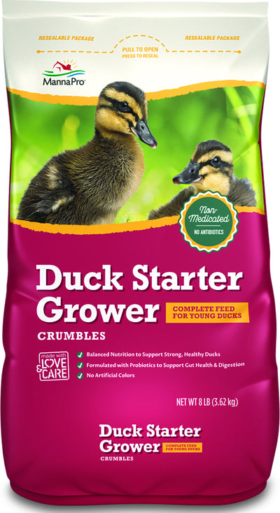 Front view of a resealable package of MannaPro Duck Starter Grower Crumbles, 8 lb, magenta and green.