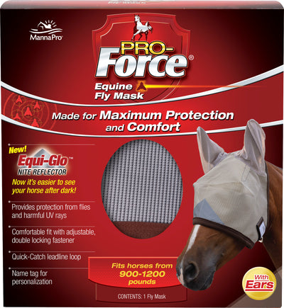 Packaged Pro-Force Equine Fly Mask with ears, showing a horse wearing the mask and product details on a red background.