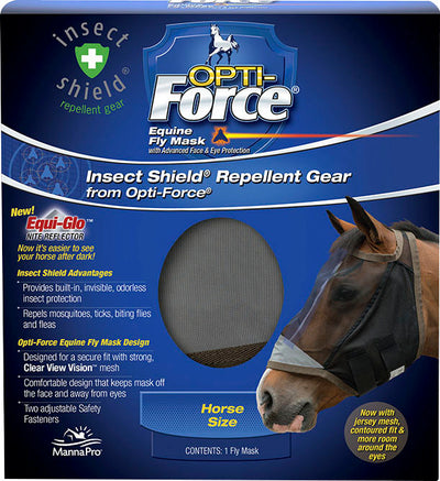Packaged Opti-Force Equine Fly Mask with Insect Shield repellent gear, horse size, blue box, front view.