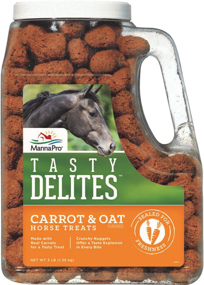 A clear plastic container with a white lid holding brown horse treats labeled MannaPro Tasty Delites Carrot & Oat Horse Treats 3 lb
