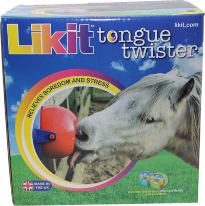 Packaged product: Likit tongue twister in use with a horse licking a red and blue device.
