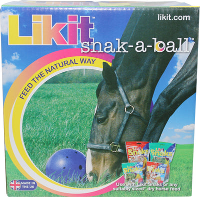 Packaged Likit Snak-A-Ball product box showing a horse with a blue ball and Snaks packets.