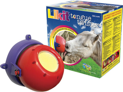 A red Likit Tongue Twister toy with a yellow center, shown next to its blue and yellow packaging box.