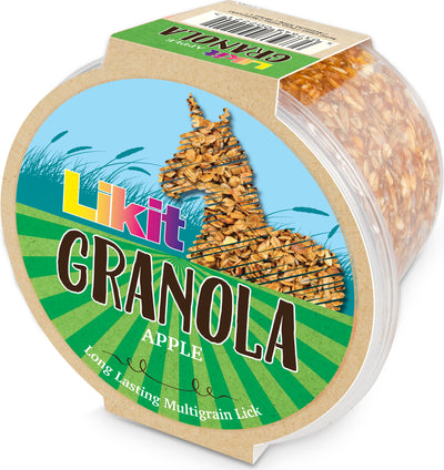 Packaged Likit Granola Apple flavor in a clear plastic container with a cardboard lid showing the product name and image.