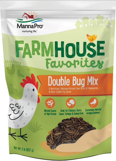 Front view of a Manna Pro Farmhouse Favorites Double Bug Mix packaged product, 2 lb size.