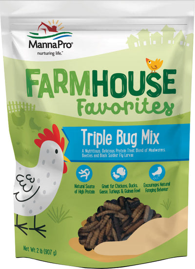 Front view of MannaPro Farmhouse Favorites Triple Bug Mix poultry treats package, 2 lb size.