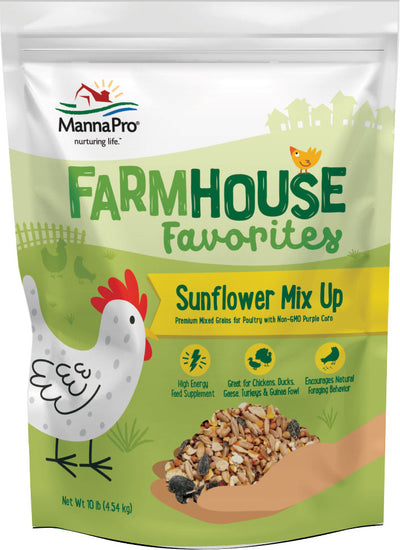 Front view of a MannaPro Farmhouse Favorites Sunflower Mix Up packaged product, 10 lb size.