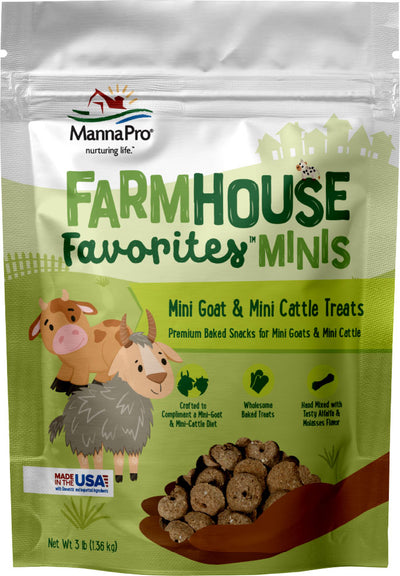 Packaged product: MannaPro Farmhouse Favorites Mini Goat & Mini Cattle Treats, 3 lb bag with green and white packaging.