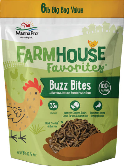 Front view of a packaged MannaPro Farmhouse Favorites Buzz Bites poultry treat bag, 6 lb size.