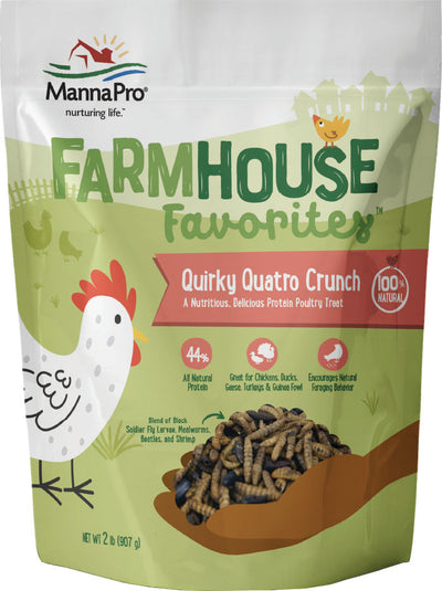 Front view of MannaPro Farmhouse Favorites Quirky Quatro Crunch 2 lb package showing a spoonful of insect treats.
