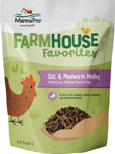 Front view of a packaged MannaPro Farmhouse Favorites Oat & Mealworm Medley poultry treat bag, 2 lb size.