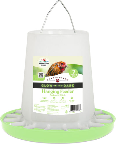 Packaged MannaPro Harris Farms Glow-in-the-Dark Hanging Feeder, 7-pound lime-colored container with green base.