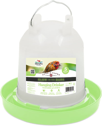 MannaPro Harris Farms Glow-in-the-Dark Hanging Drinker in lime, 5 quart capacity, front view packaged product