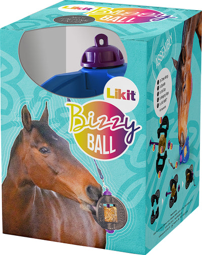 Packaged Likit Bizzy Ball horse toy in blue, showing the product box with a horse image and assembly instructions.