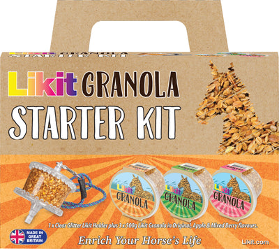 Packaged product: Likit Granola Starter Kit with three 500g containers and a glitter holder.