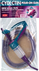 Packaged Cydectin Pour-On Gun with teal and purple handle, clear tubing, and a circular cardboard base.