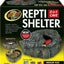 Packaged Zoo Med Repti Shelter 3-in-1 Cave medium size, front view showing rock-like cave with red snake inside.