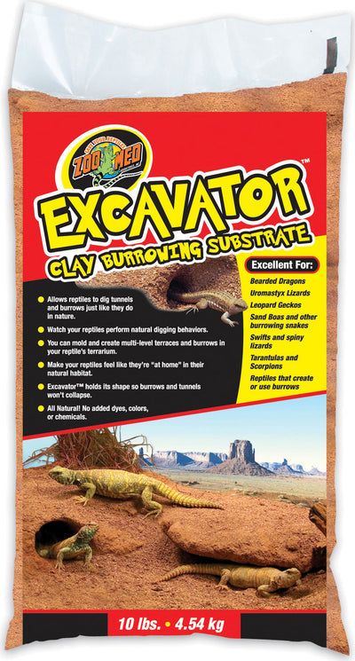 Packaged product: Zoo Med Excavator Clay Burrowing Substrate in brown, 10 lb bag with reptile imagery.