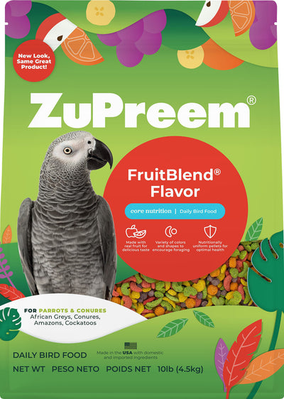 ZuPreem FruitBlend Flavor daily bird food package for parrots and conures, 10 lb, front view with colorful pellets and a parrot image.