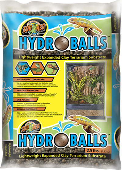 Packaged Zoo Med Hydroballs Lightweight Expanded Clay Terrarium Substrate, 2.5 lbs, front view.
