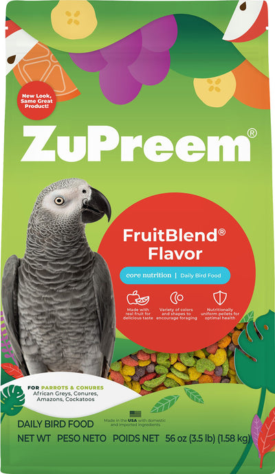 Front view of ZuPreem FruitBlend Flavor daily bird food package for parrots and conures, 3.5 lb size, green and red packaging with a parrot image.