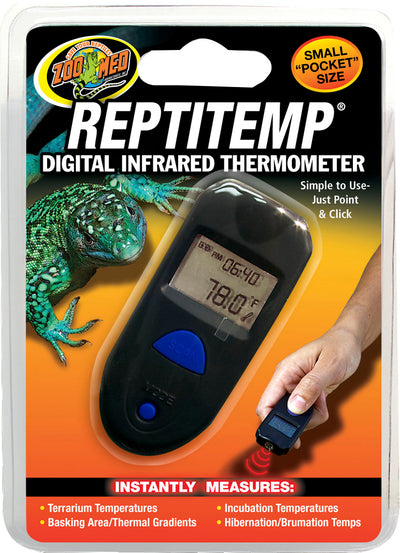 Packaged Zoo Med Reptitemp digital infrared thermometer with a lizard image and hand holding the device.