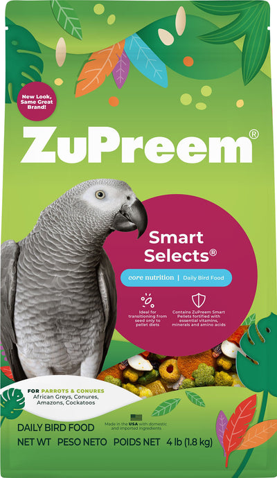 Front view of ZuPreem Smart Selects daily bird food package for parrots and conures, 4 lb size.