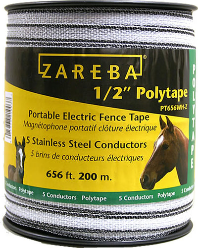 Packaged Zareba 1/2" Polytape roll with white and black stripes, labeled as 5 stainless steel conductors, 656 ft. 200 m.
