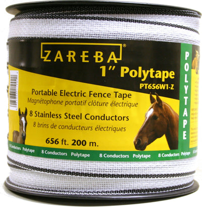 Packaged Zareba 1" Polytape roll with white and black stripes, labeled for portable electric fence tape.