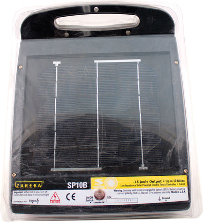 Packaged Zareba SP10B solar-powered electric fence controller with black casing and yellow label.