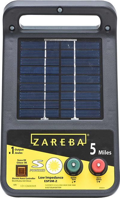 Zareba Solar Low Impedance Charger, 5 mile black front view with solar panel and control knobs
