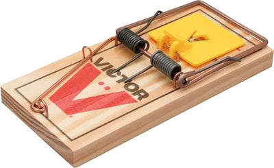 Close-up of a Victor plastic pedal rat trap with a wooden base, yellow pedal, and metal springs.
