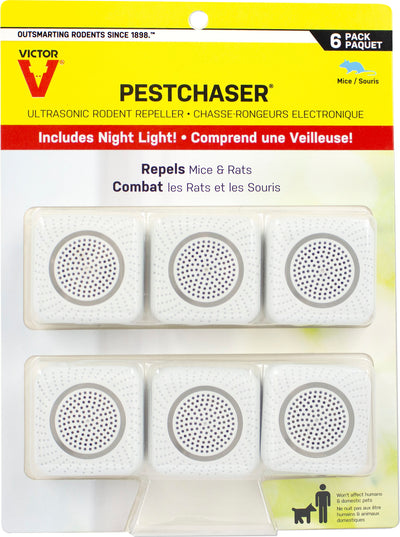 Packaged Victor Pestchaser ultrasonic rodent repeller with six white units in a blister pack.