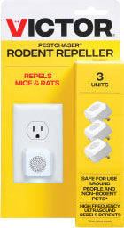 Packaged Victor Pestchaser Rodent Repeller with 3 white units shown on yellow background