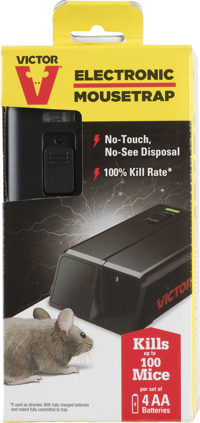 Packaged Victor Electronic Mouse Trap with black device, mouse illustration, and red label showing 'Kills up to 100 Mice'