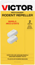 Packaged Victor Pest Chaser Rodent Repeller with two white units on a yellow background.
