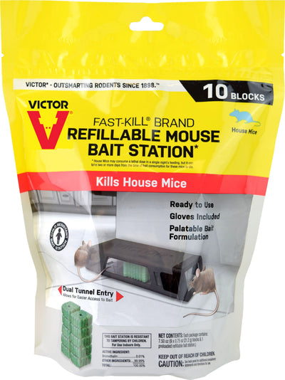 Packaged Victor Fast-Kill refillable mouse bait station with 10 green blocks, front view.