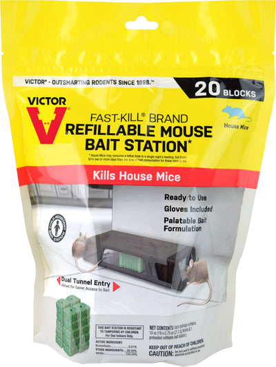 Packaged Victor Fast-Kill refillable mouse bait station with 20 green blocks, front view.