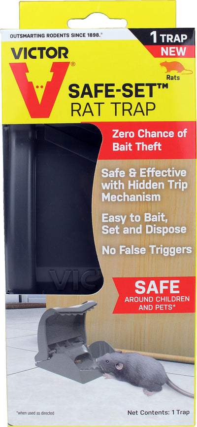 Packaged Victor Safe-Set Rat Trap with yellow and red packaging showing the trap and a rat illustration.