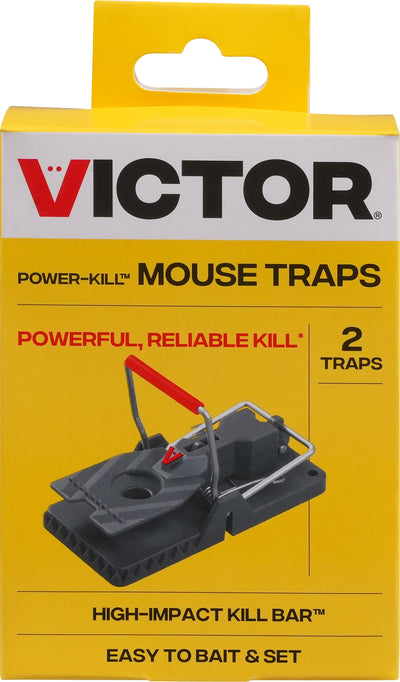 Packaged Victor Power-Kill mouse traps with two traps visible on yellow packaging.