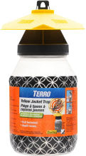 Front view of a Terro Yellow Jacket Trap with yellow lid, black top, and orange label.