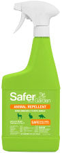 Front view of a green Safer Garden Animal Repellent spray bottle with white nozzle.