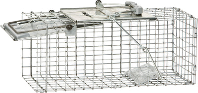 Havahart 1-Door Easy Set Small Animal Trap, 17X7X7 IN, front view, metal cage with open door and internal platform.