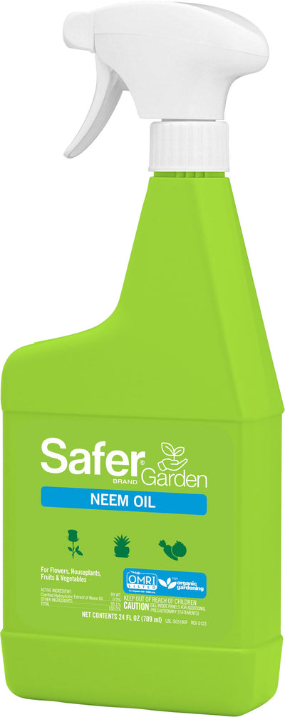 Front view of a green Safer Garden Neem Oil spray bottle with white nozzle and blue label.