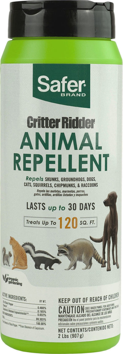 Front view of Safer Brand Critter Ridder Animal Repellent granular container with green label and black cap.